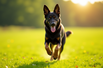 Chien berger allemand noir courant dans un champ ensoleille
