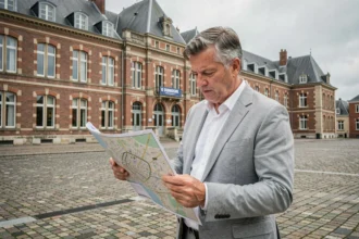 Urbaniste consultant une carte de Dunkerque devant la mairie, illustrant les codes postaux et services officiels de la ville