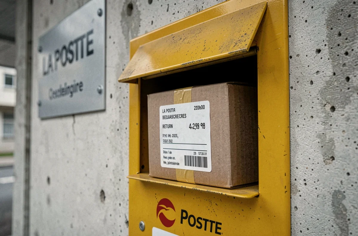 Colis de retour inséré dans la fente d'une boîte aux lettres jaune de La Poste