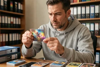 Collectionneur de cartes Pokémon examinant une carte holographique rare pour compléter un set difficile