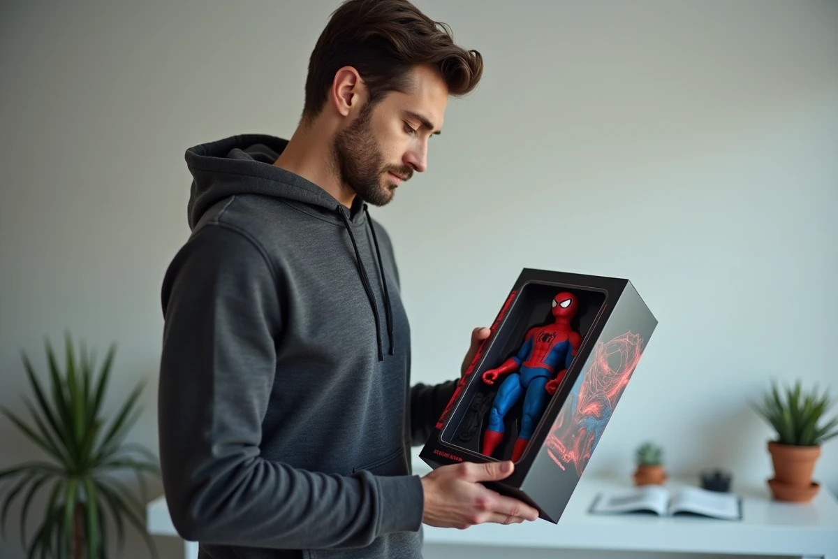 Collectionneur tenant une figurine Spider-Man en édition limitée dans son emballage d'origine
