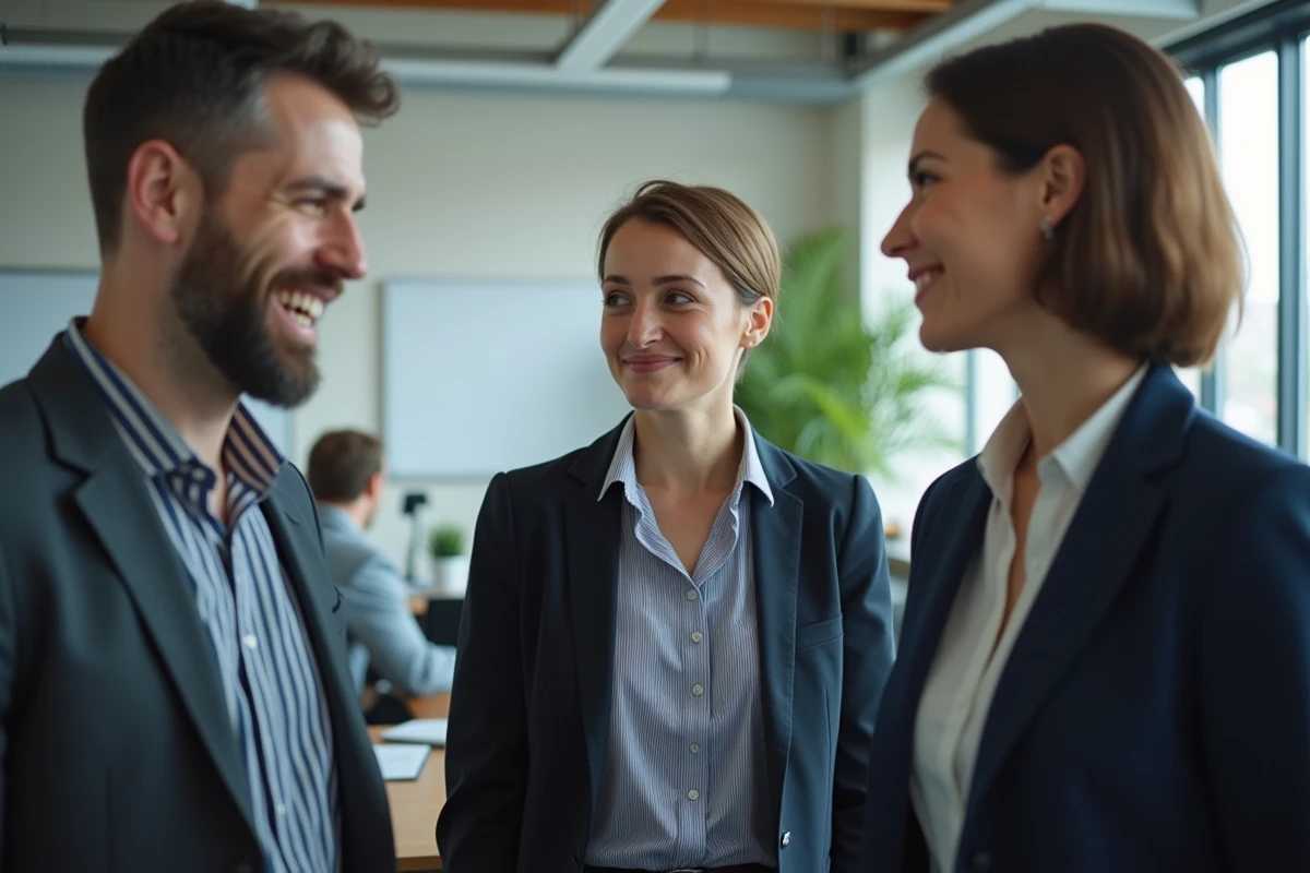 Collègues de bureau souriant autour d'une blague au second degré près de la machine à café, illustrant l'humour complice en milieu professionnel