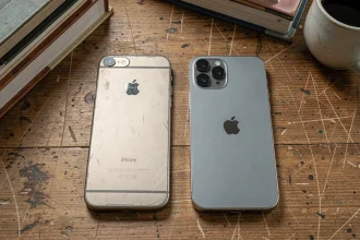 Comparaison entre le premier iPhone original et un iPhone récent posés côte à côte sur un bureau en bois, illustrant l'évolution technologique des smartphones Apple