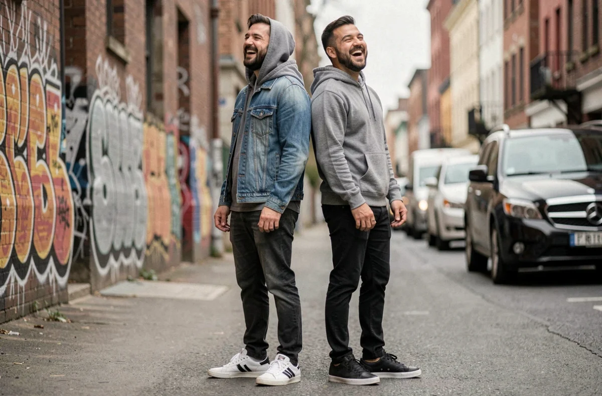 Deux amis comparant leur taille dos à dos dans une rue urbaine