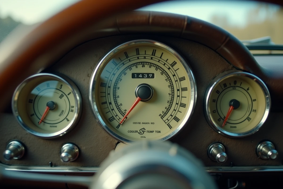 Tableau de bord vintage avec compteur de vitesse double échelle miles et kilomètres, autoroute floue visible à travers le pare-brise