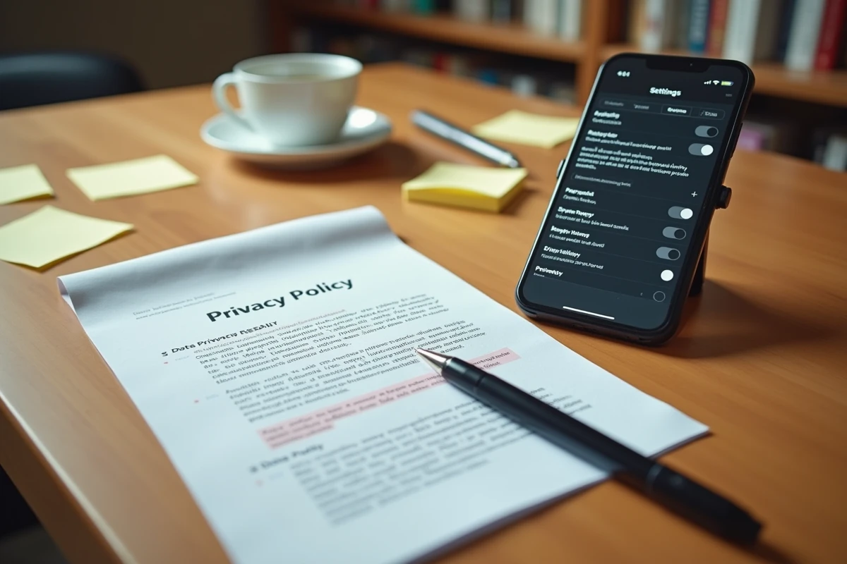 Vue aérienne d'un bureau avec smartphone affichant des paramètres de confidentialité et documents de politique de protection des données surlignés