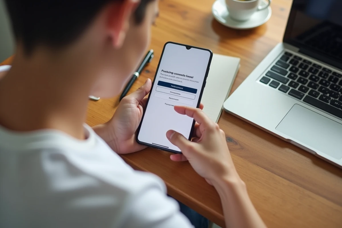 Vue plongeante sur un smartphone Android affichant la page d'annulation d'Amazon Prime posé sur un bureau en bois