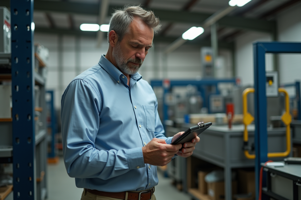 Homme vérifiant une liste de contrôle dans un atelier industriel