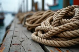 Cordages nautiques en chanvre et nylon tressé enroulés sur un quai en bois vieilli dans un port de pêche