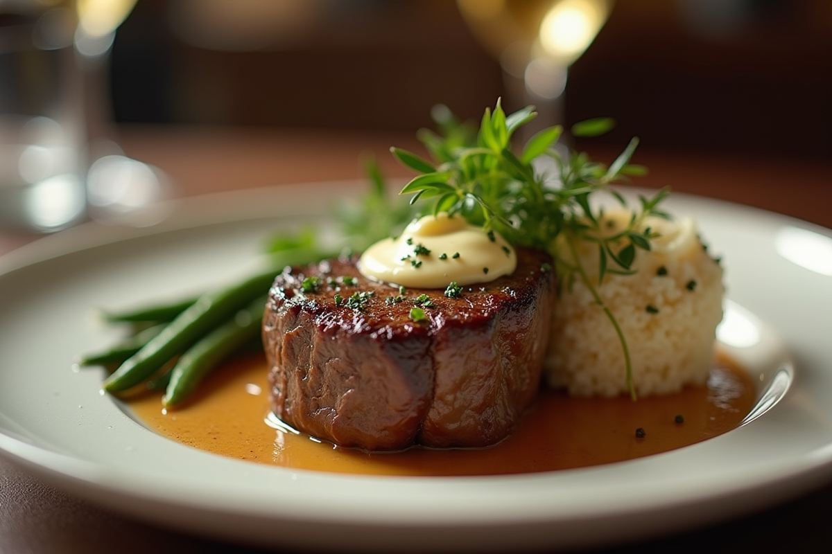 Côte de boeuf servie avec sauces et haricots verts