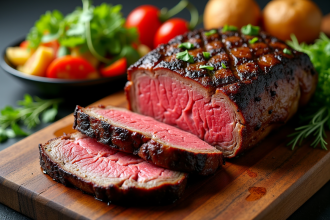 Côte de boeuf tranchée sur planche en bois rustique