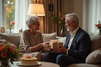 Couple élégant échangeant des cadeaux dans un salon chaleureux