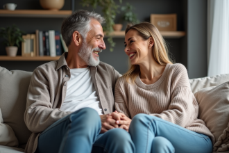 Couple d'âge moyen souriant dans un salon chaleureux