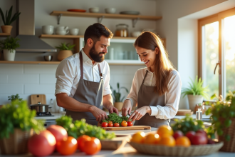 Couple préparant un repas sain dans une cuisine lumineuse