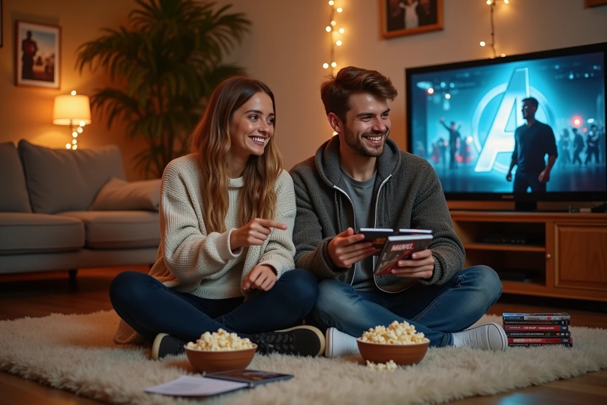 Jeune couple regardant un film avec popcorn et notes