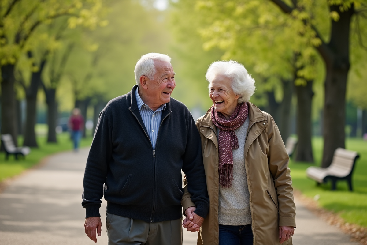 Couple âgé marchant main dans la main dans un parc verdoyant