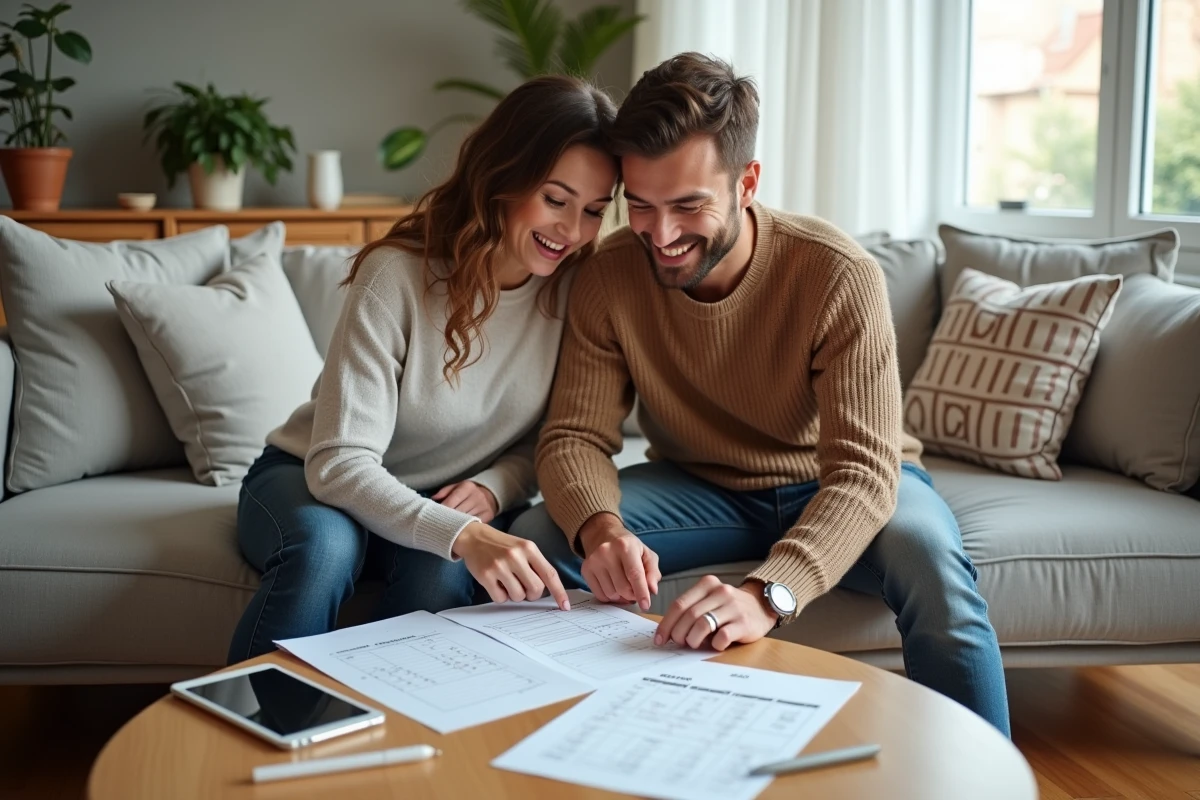 Couple planifiant leurs vacances et congés 2026 ensemble à la maison avec un calendrier numérique et des documents imprimés