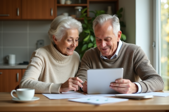 Couple senior souriant revoyant des documents à la maison