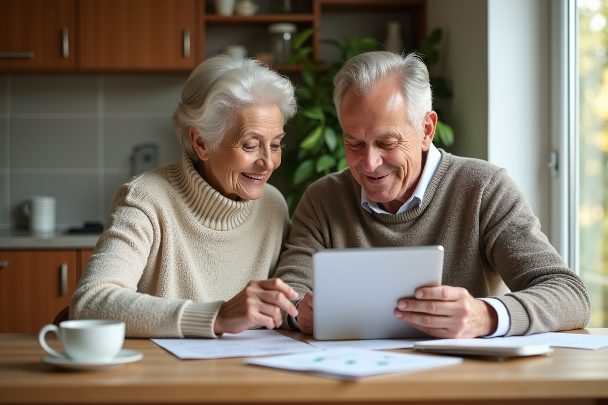 Couple senior souriant revoyant des documents à la maison