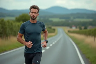 Coureur consultant sa montre GPS affichant une distance en miles sur une route avec marquages kilométriques, paysage rural en arrière-plan