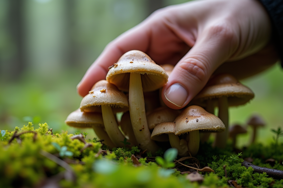 Main cueillant des champignons chanterelle dans la forêt après la pluie