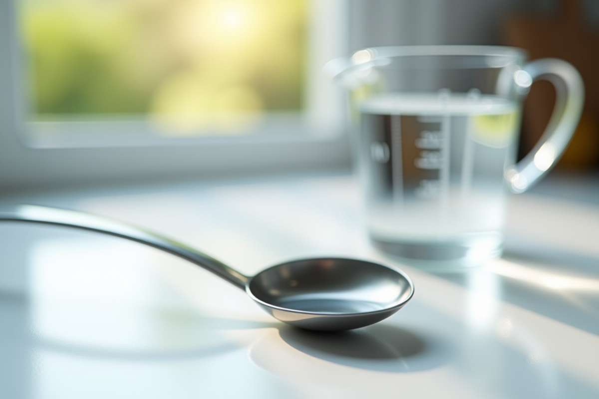Cuillère en inox avec de l'eau sur un plan de travail blanc