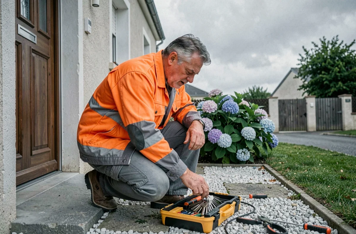 Serrurier de Dépann'serrures 64 en intervention d'urgence devant une maison pavillonnaire du département 64