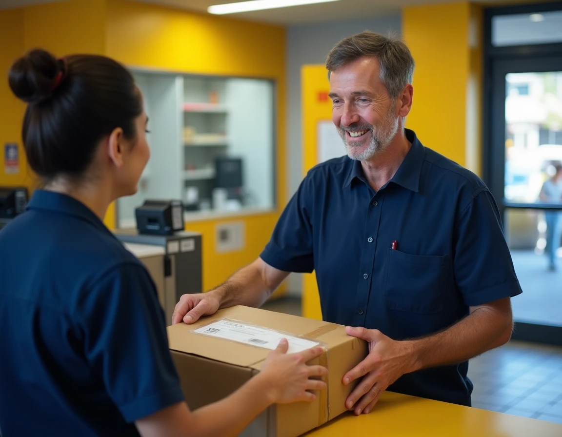 Homme déposant un colis au bureau de poste avec une étiquette d'adresse mentionnant un lieu-dit ou une boîte postale