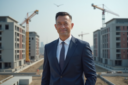 Un developpeur immobilier en costume devant un chantier