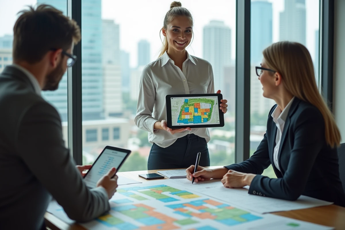 Jeune femme discutant urbanisme avec collègues dans un bureau