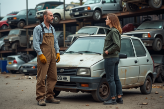 Homme d'âge moyen en overalls parlant avec une femme devant une voiture dans une casse