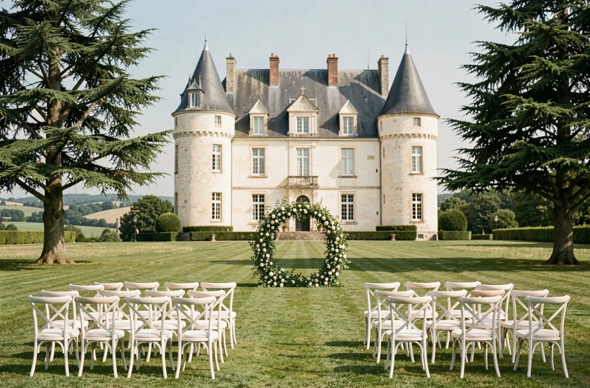 Cérémonie de mariage en plein air au Domaine d'Essendiéras, avec allée de chaises blanches et château du XIXe siècle en toile de fond