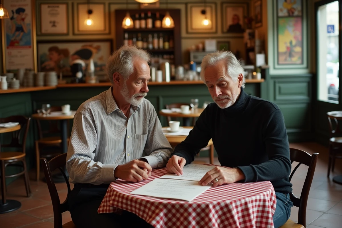 Deux chanteurs français des années 60 attablés dans un café parisien étudiant une partition manuscrite ensemble