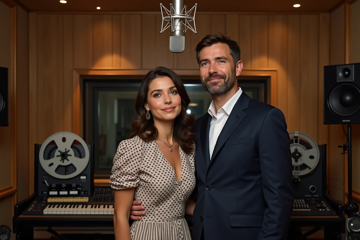 Un chanteur et une chanteuse français des années 60 enregistrant un duo en studio devant un micro à condensateur vintage