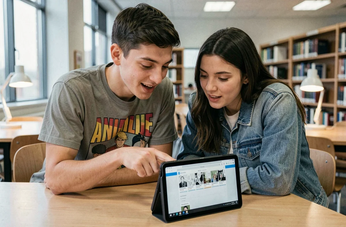 Deux jeunes adultes cherchant un chapitre de scan manga sur une tablette dans une bibliothèque moderne