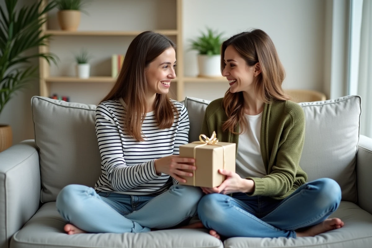 Deux amies échangeant un cadeau personnalisé pas cher dans un salon cosy et minimaliste