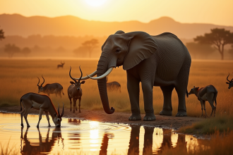 Éléphants et antelopes buvant à la mare en savane