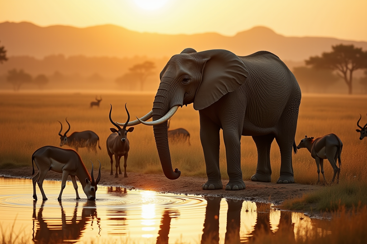 Éléphants et antelopes buvant à la mare en savane