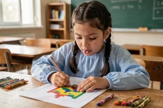 Jeune élève de CP coloriant une fiche de dessin pixel art sur quadrillage dans une salle de classe, entourée de crayons de couleur