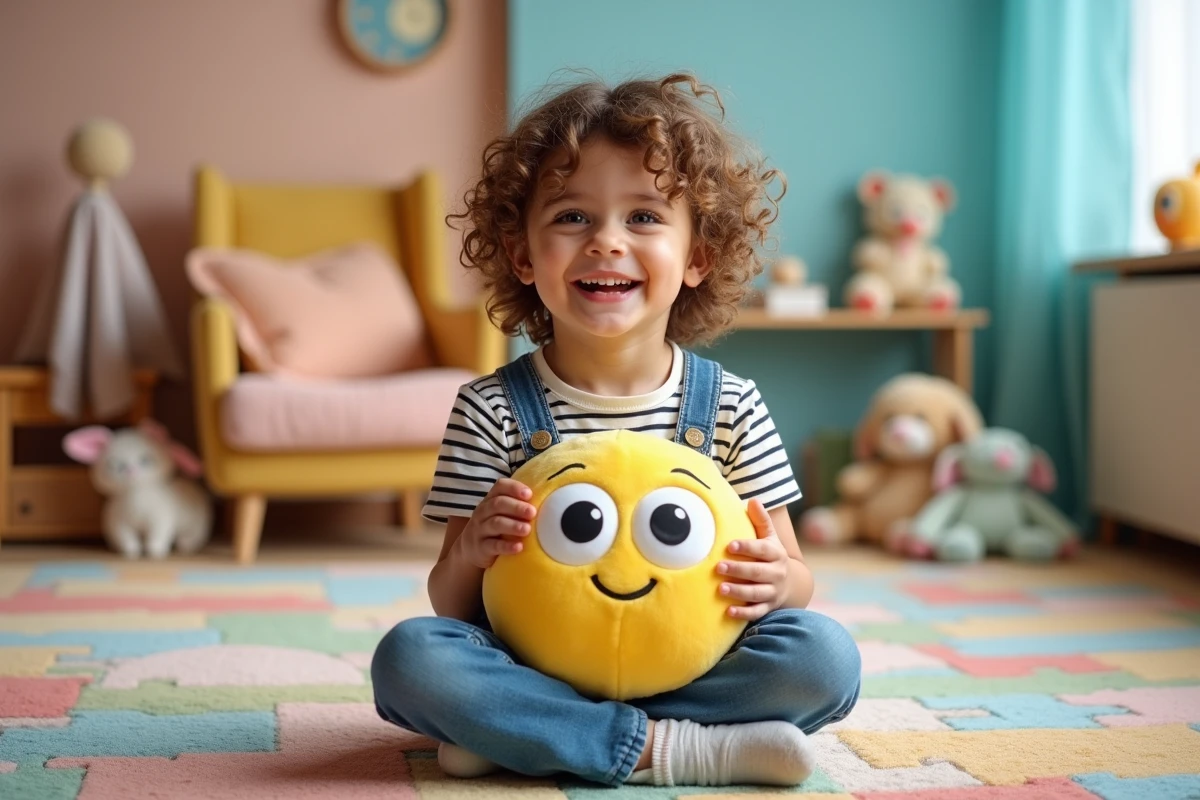 Enfant souriant tenant la peluche Tchoupie dans une salle de jeux colorée