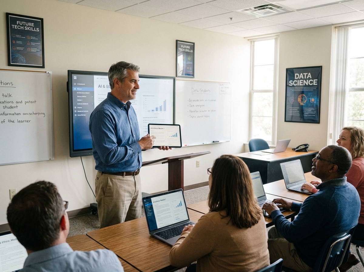 Enseignant utilisant une tablette dans une salle de classe moderne