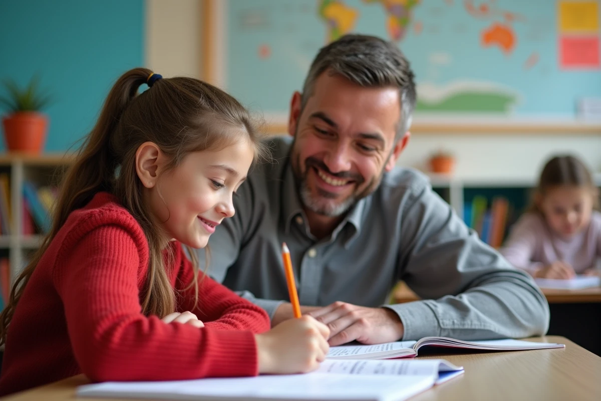 Professeur aide une élève en classe avec un cahier