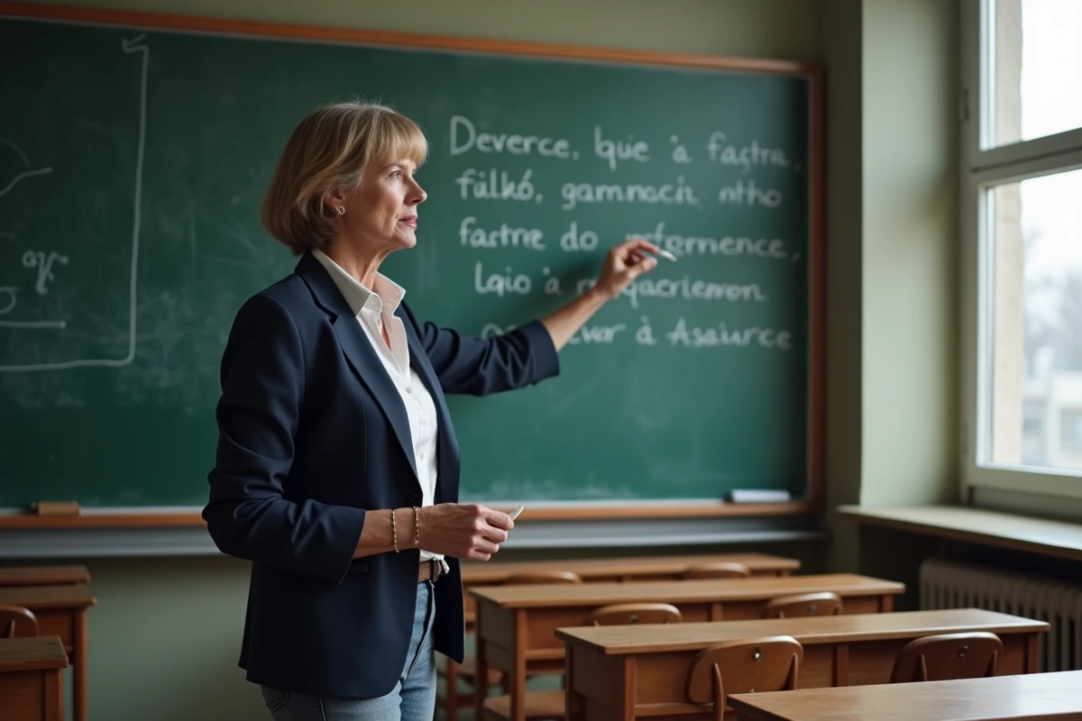 Enseignante de français expliquant les règles d'accord grammatical au tableau dans une salle de classe
