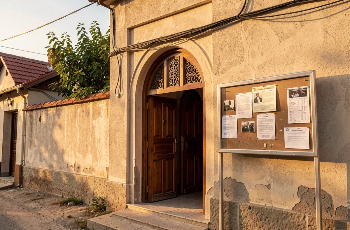 Entrée d'une mosquée de quartier avec un panneau d'affichage