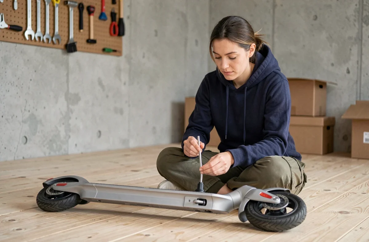 Femme réparant sa trottinette électrique pliée dans un garage intérieur minimaliste
