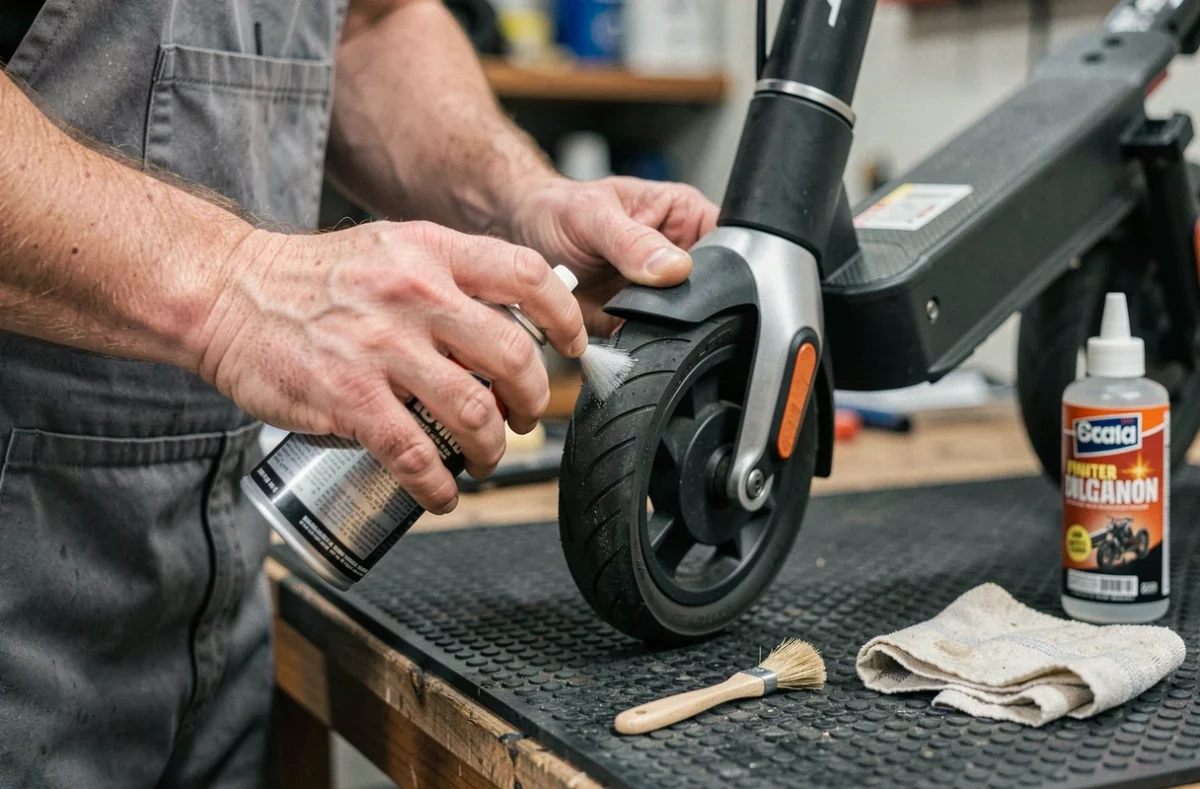 Gros plan sur les mains d'un homme appliquant un lubrifiant sur le mécanisme de pliage d'une trottinette électrique