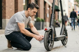 Homme entretenant sa trottinette électrique en inspectant la roue arrière sur un trottoir urbain