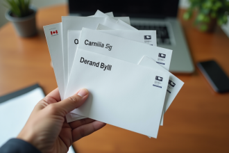 Main tenant plusieurs enveloppes canadiennes avec codes postaux du Quebec
