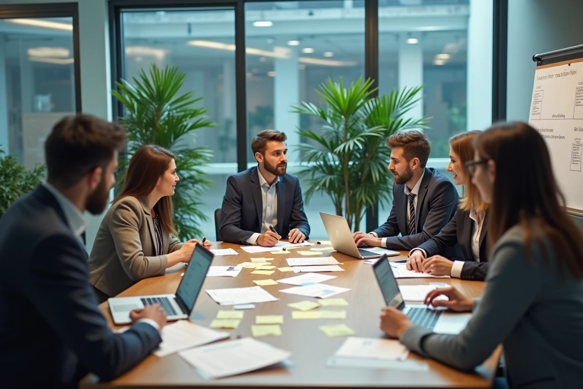 Équipe pluridisciplinaire réunie autour d'une table de réunion pour un projet alliant sciences et société