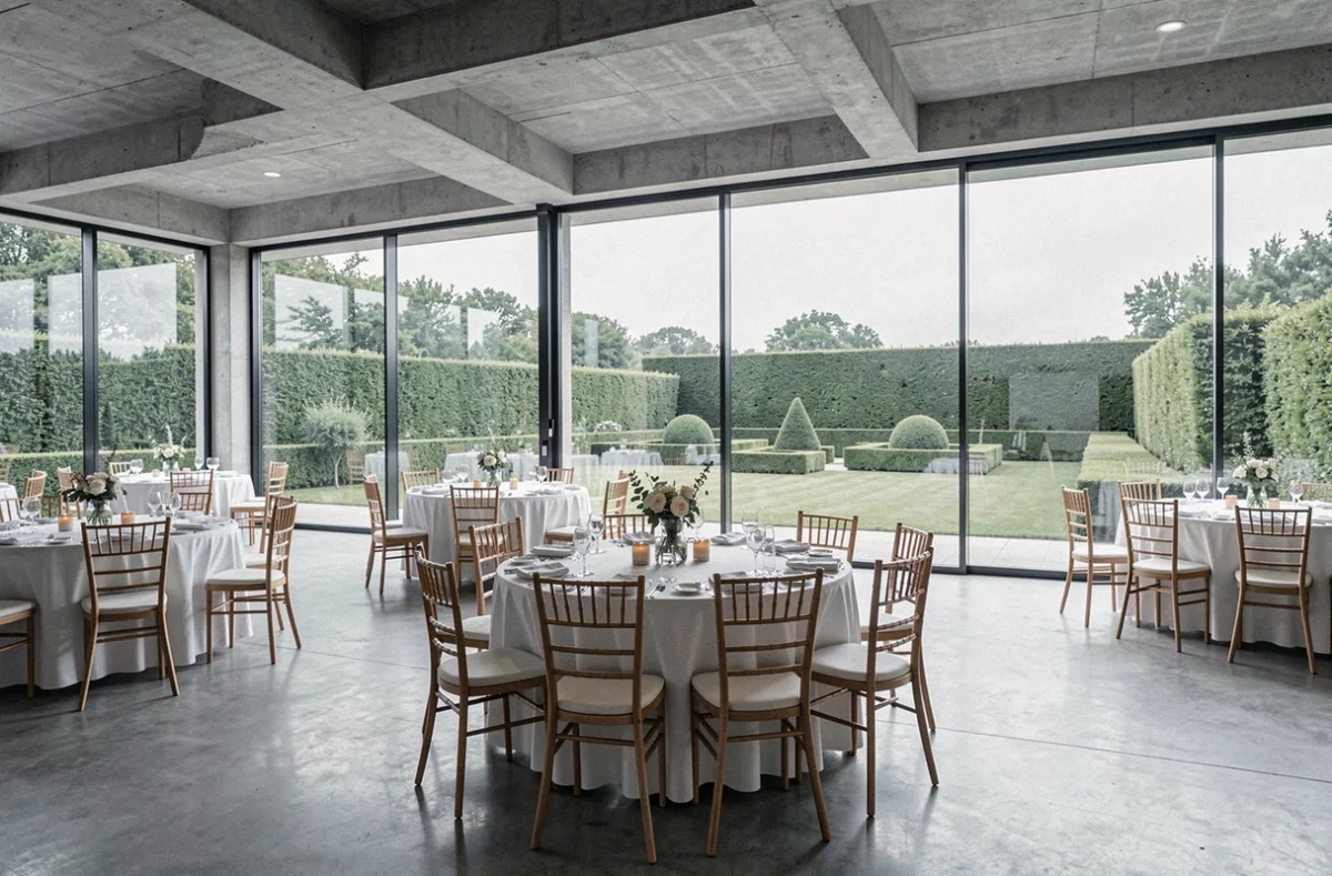 Salle de réception contemporaine de l'Espace Beauséjour en Nouvelle-Aquitaine avec baies vitrées et vue sur jardin paysager